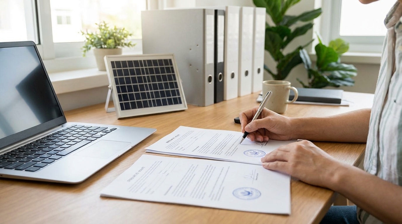 Photovoltaik-Anlage anmelden – Unterlagen und Laptop am Schreibtisch