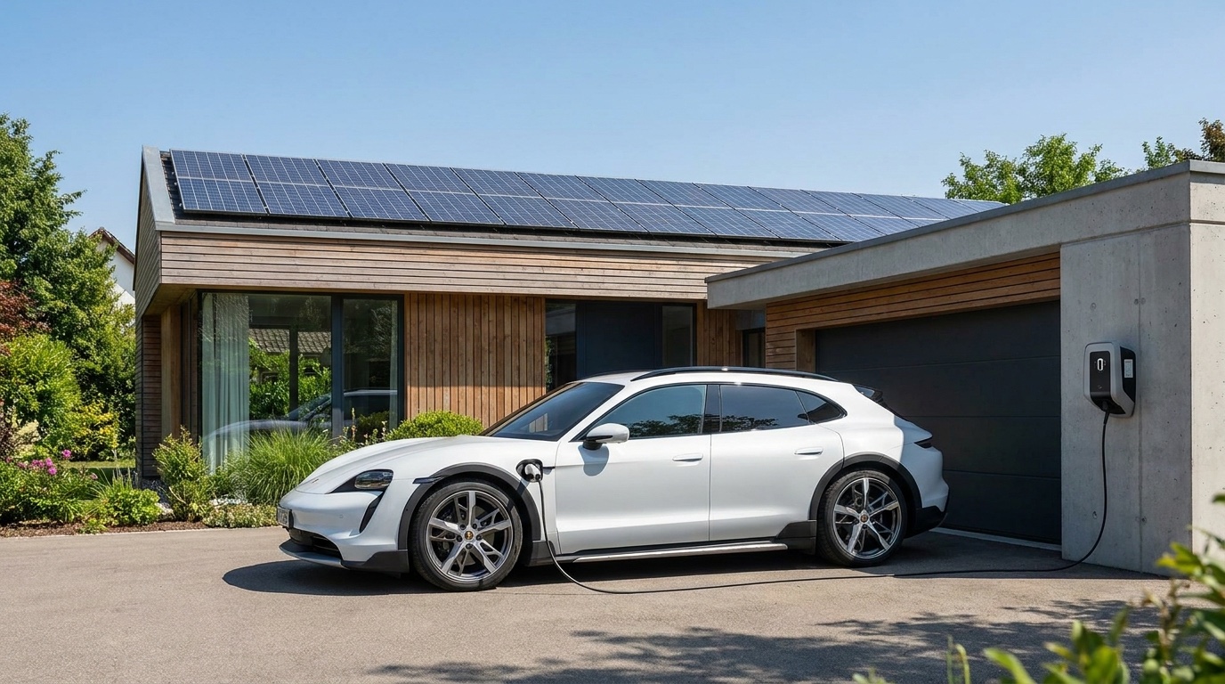Elektroauto lädt an einer Wallbox mit Solarstrom vom Hausdach